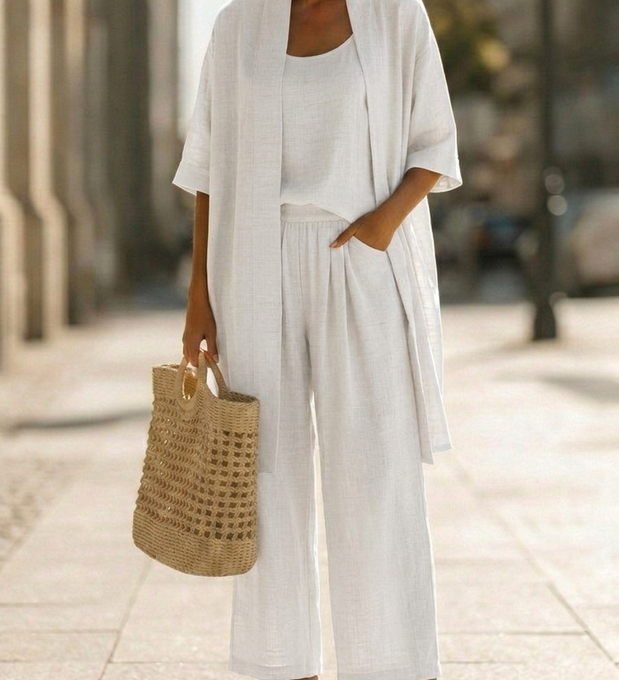 Minimalistický třídílný set z lnu a bavlny – pohodlný outfit na každý den