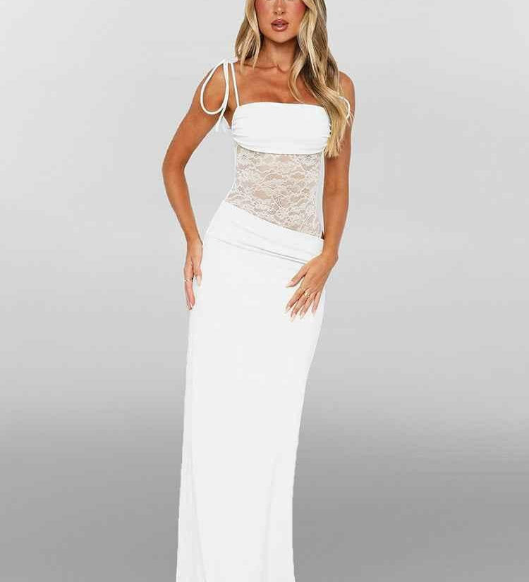 Sina – přiléhavé maxišaty se šněrovacími ramínky a průsvitnou krajkovou korzáží
