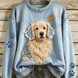 Chica - Dámský retro mikropullover s dlouhým rukávem Patchwork s uměleckým potiskem zvířat Každodenní pohodlí